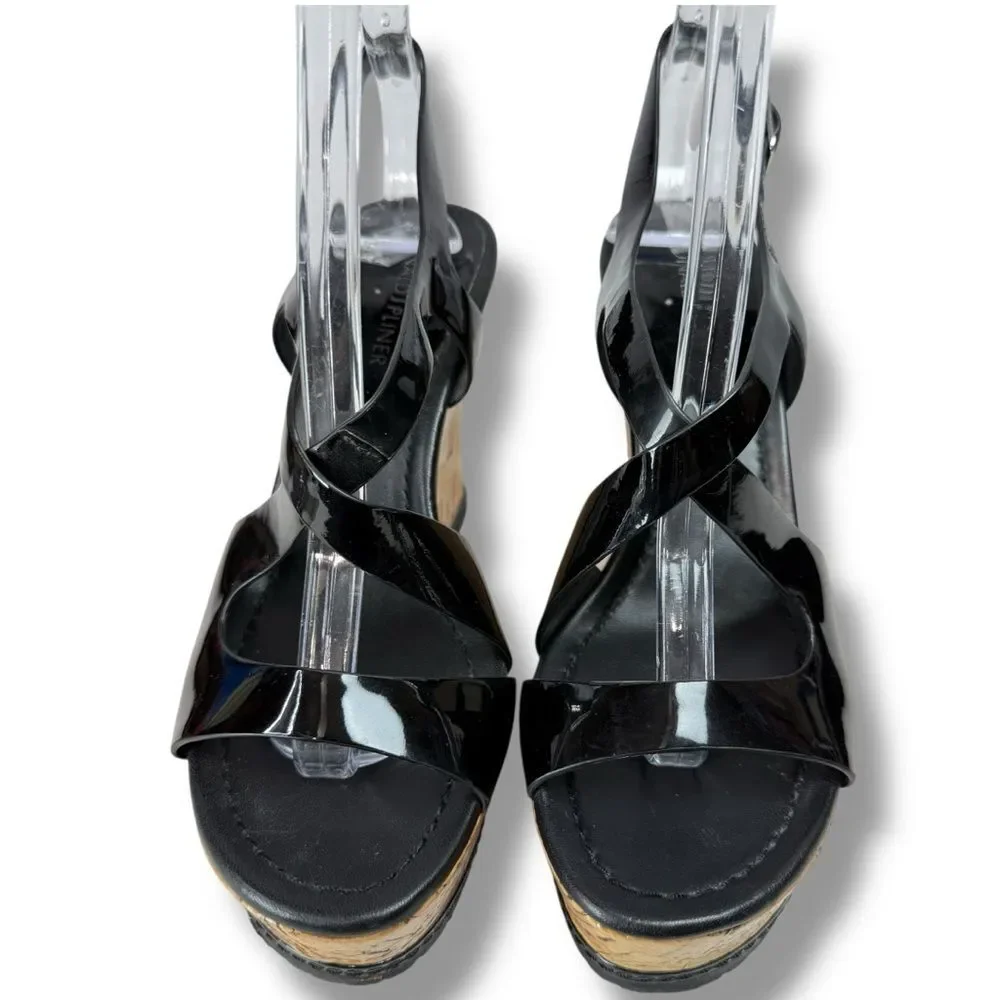 Donald J Pliner Camdyn Black Patent Leather Cork Wedge Sandals Womens Size 6